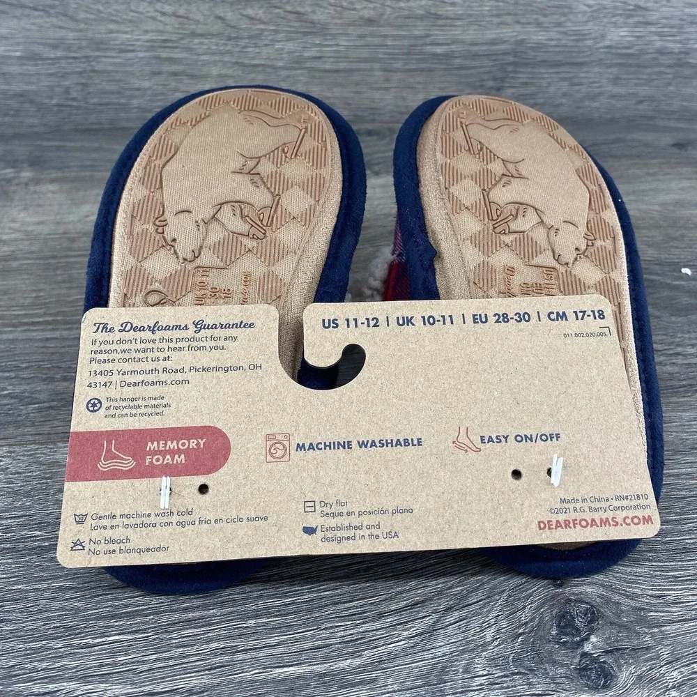 Lil Bear Dearfoam Slippers Youth Size 11- 12‎ Plaid Red Blue
